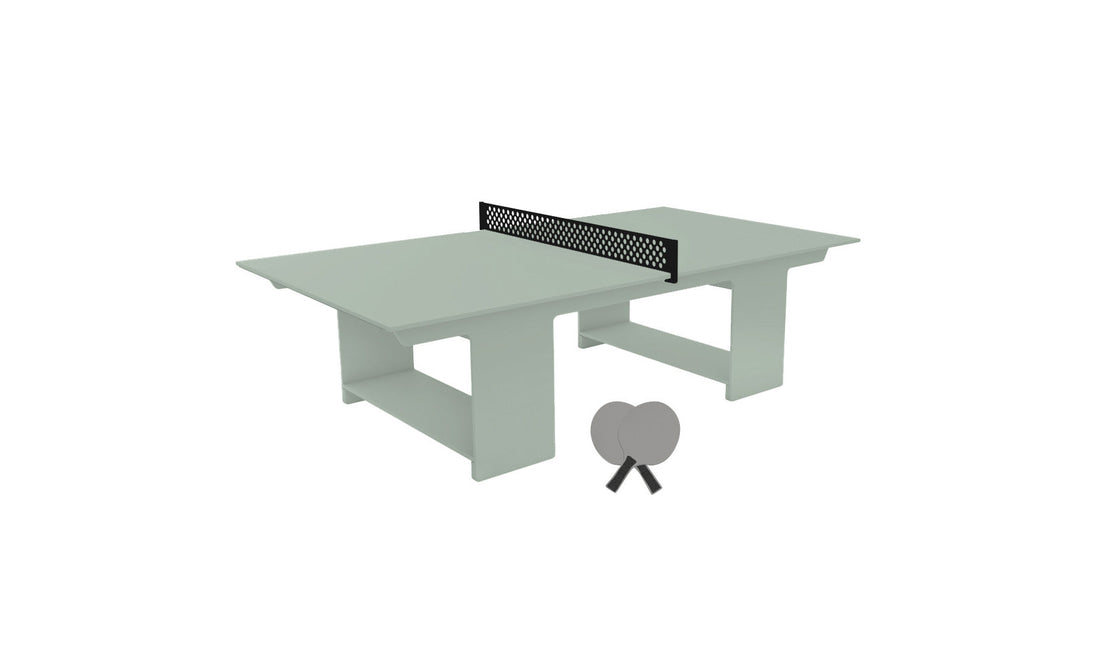 The Ledge Lounger Table Tennis Set is shown with a minimalist design and black net, featuring two paddles propped together, offering outdoor fun and style against a plain white background.