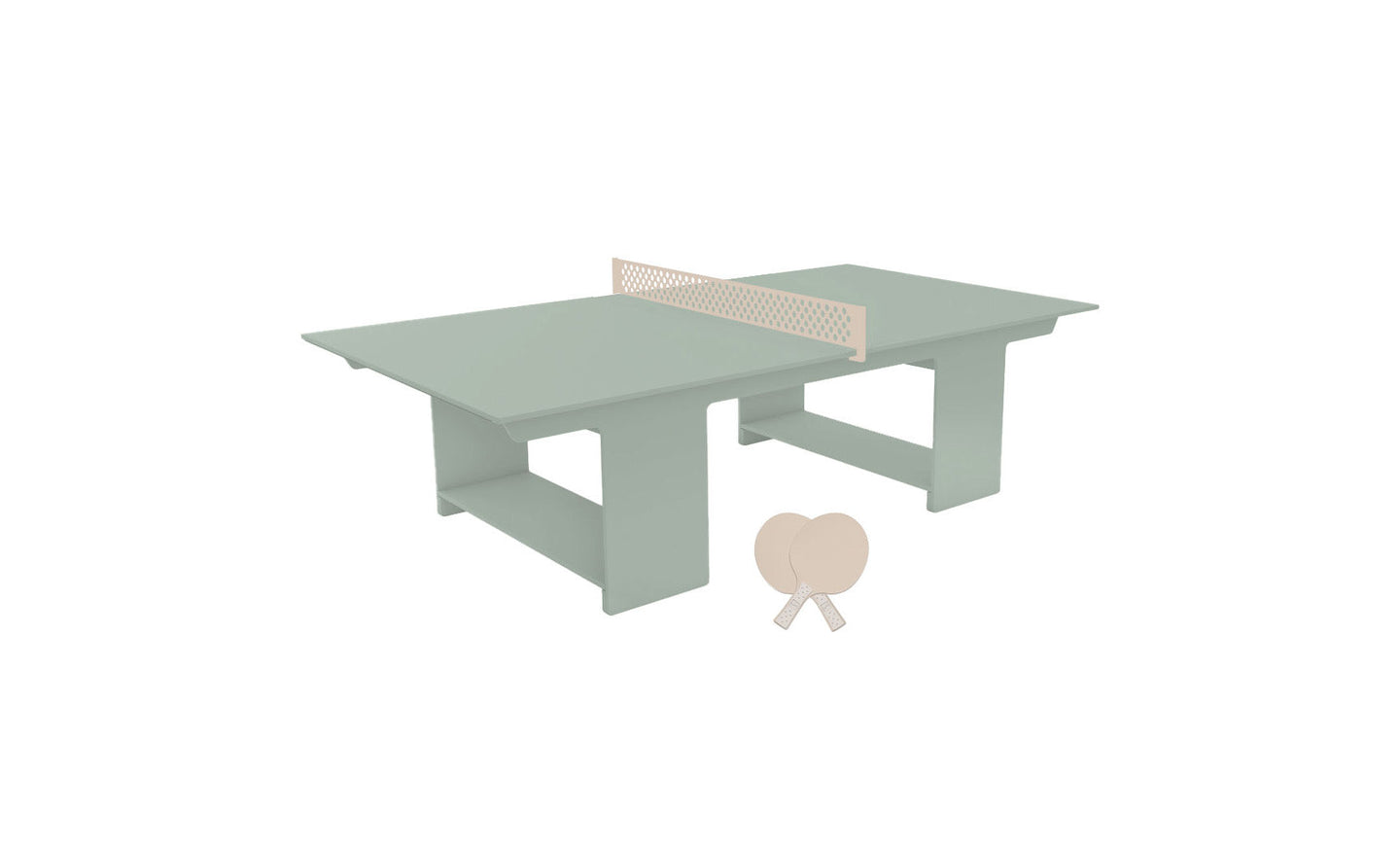 The Ledge Lounger Table Tennis Set, ideal for outdoor fun, includes a pastel green table with a white net and two light-colored paddles crossed in front, offering a clean and minimalist design.