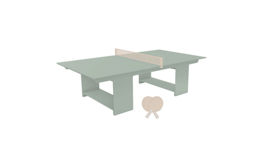The Ledge Lounger Table Tennis Set, ideal for outdoor fun, includes a pastel green table with a white net and two light-colored paddles crossed in front, offering a clean and minimalist design.