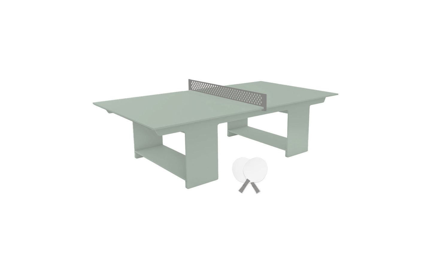 This minimalist Ledge Lounger Table Tennis Set is an outdoor entertainment delight, featuring a light green table with a central net, two white paddles leaning together, and two white ping pong balls ready for action.