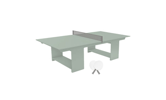 This minimalist Ledge Lounger Table Tennis Set is an outdoor entertainment delight, featuring a light green table with a central net, two white paddles leaning together, and two white ping pong balls ready for action.