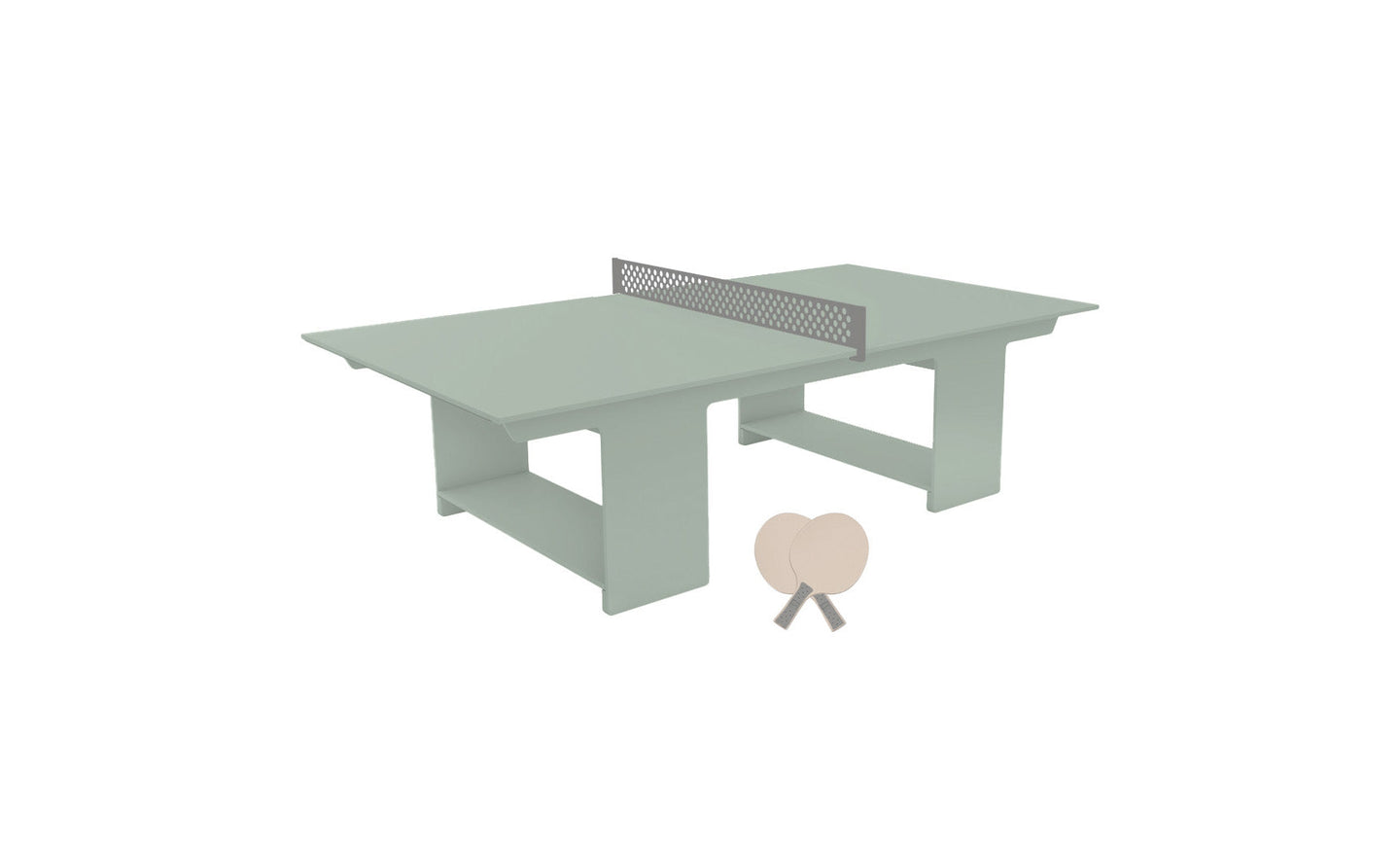 The Ledge Lounger Table Tennis Set features a minimalist design with a metal net, two lightweight wooden paddles, and a ball on a green table, perfect for modern outdoor entertainment.