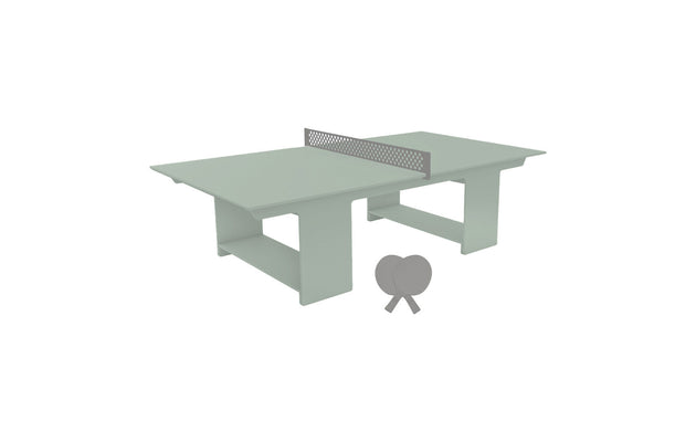 The Ledge Lounger Table Tennis Set offers a gray, minimalist table with a perforated center net, accompanied by two abstract heart-shaped paddles. This clean and modern design makes it perfect for outdoor entertainment and an ideal ping pong experience.