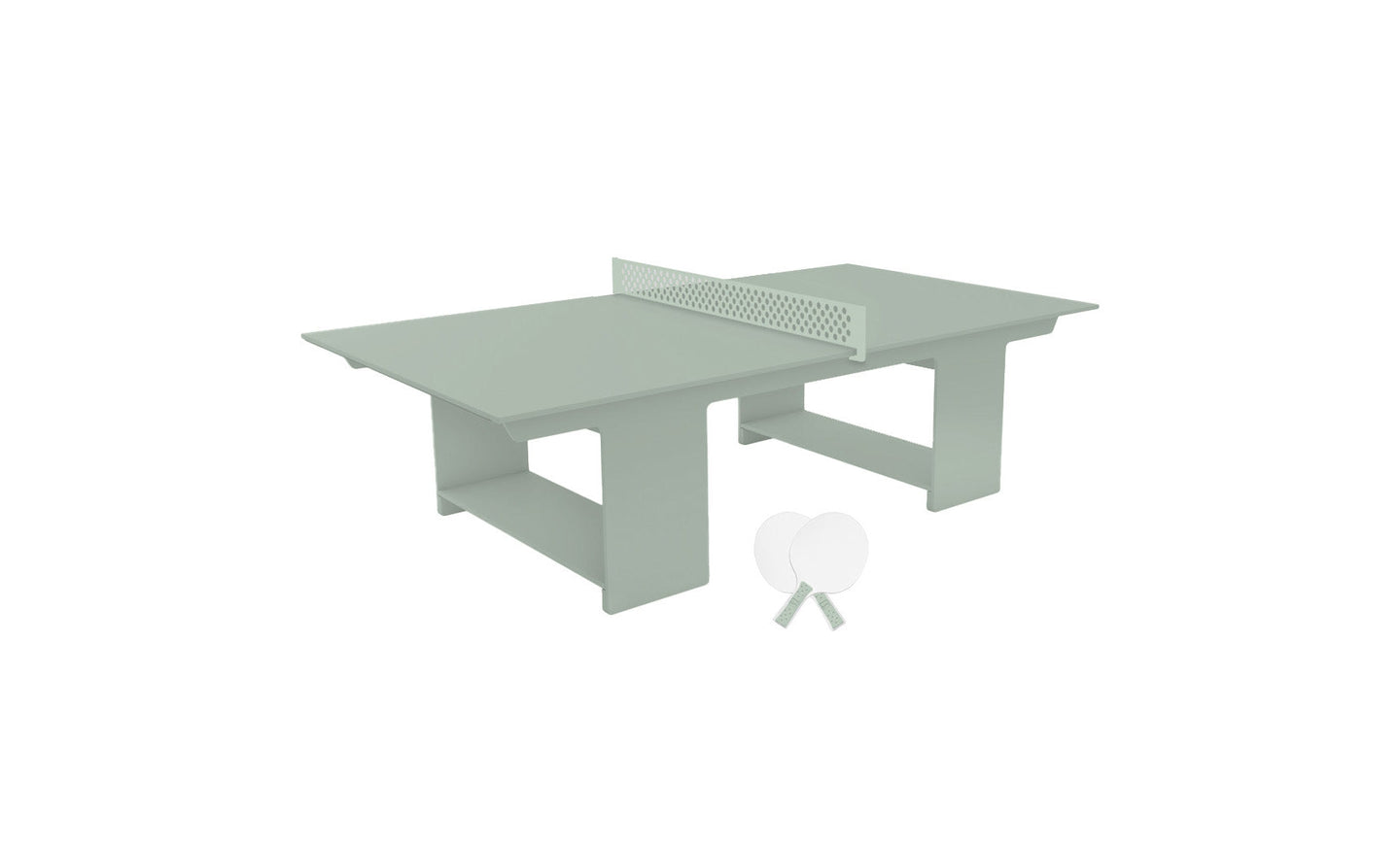 Explore the Ledge Lounger minimalist Table Tennis Set, ideal for outdoor fun. Featuring a light green rectangular table with a small green net, this set includes two white paddles and balls, all arranged elegantly against a clean white background.