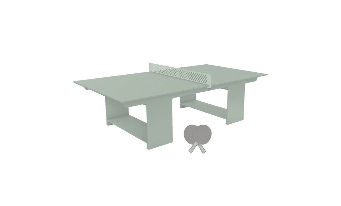 The Ledge Lounger Table Tennis Set, featuring a light gray ping pong table with a perforated net, offers perfect outdoor entertainment. Two paddles and a ball are included, completing this ideal setup.