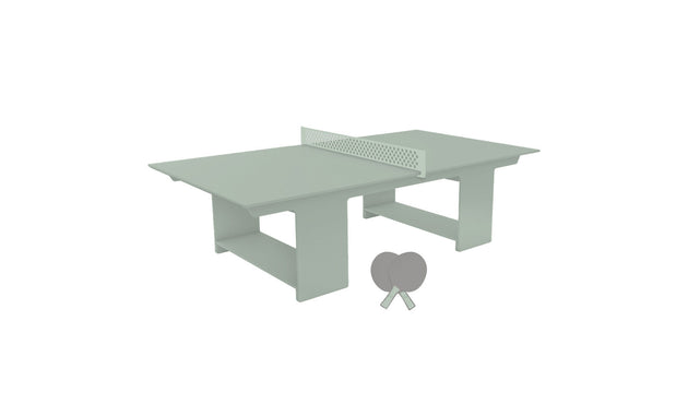 The Ledge Lounger Table Tennis Set, featuring a light gray ping pong table with a perforated net, offers perfect outdoor entertainment. Two paddles and a ball are included, completing this ideal setup.
