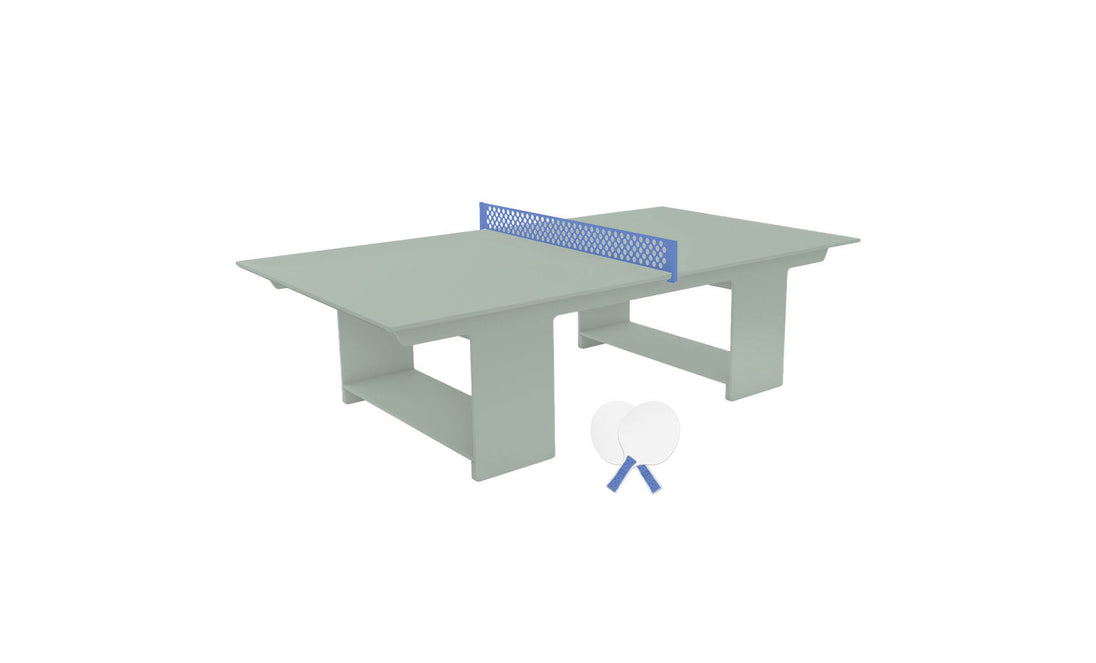 The minimalist gray table tennis set by Ledge Lounger features a blue net, two white paddles, and two white balls. Its ideal for outdoor entertainment and suggests fun gameplay.