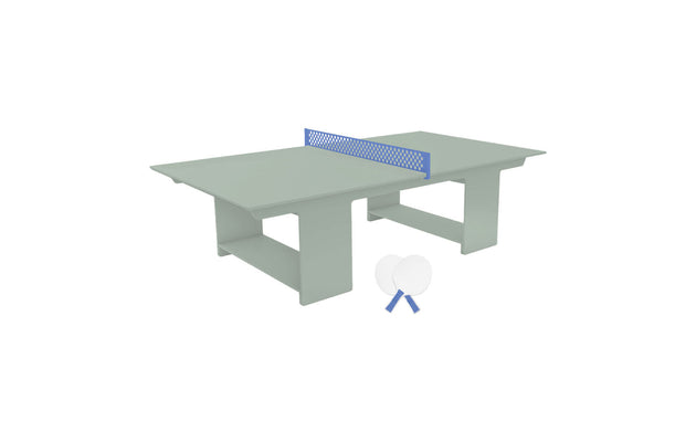 The minimalist gray table tennis set by Ledge Lounger features a blue net, two white paddles, and two white balls. Its ideal for outdoor entertainment and suggests fun gameplay.