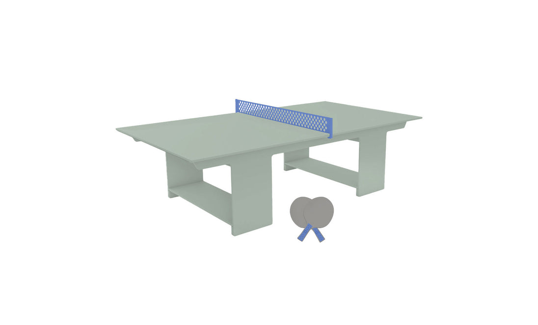 An abstract illustration features a simplified gray Table Tennis Set by Ledge Lounger with a blue net, accompanied by two paddles below, ready for lively matches.