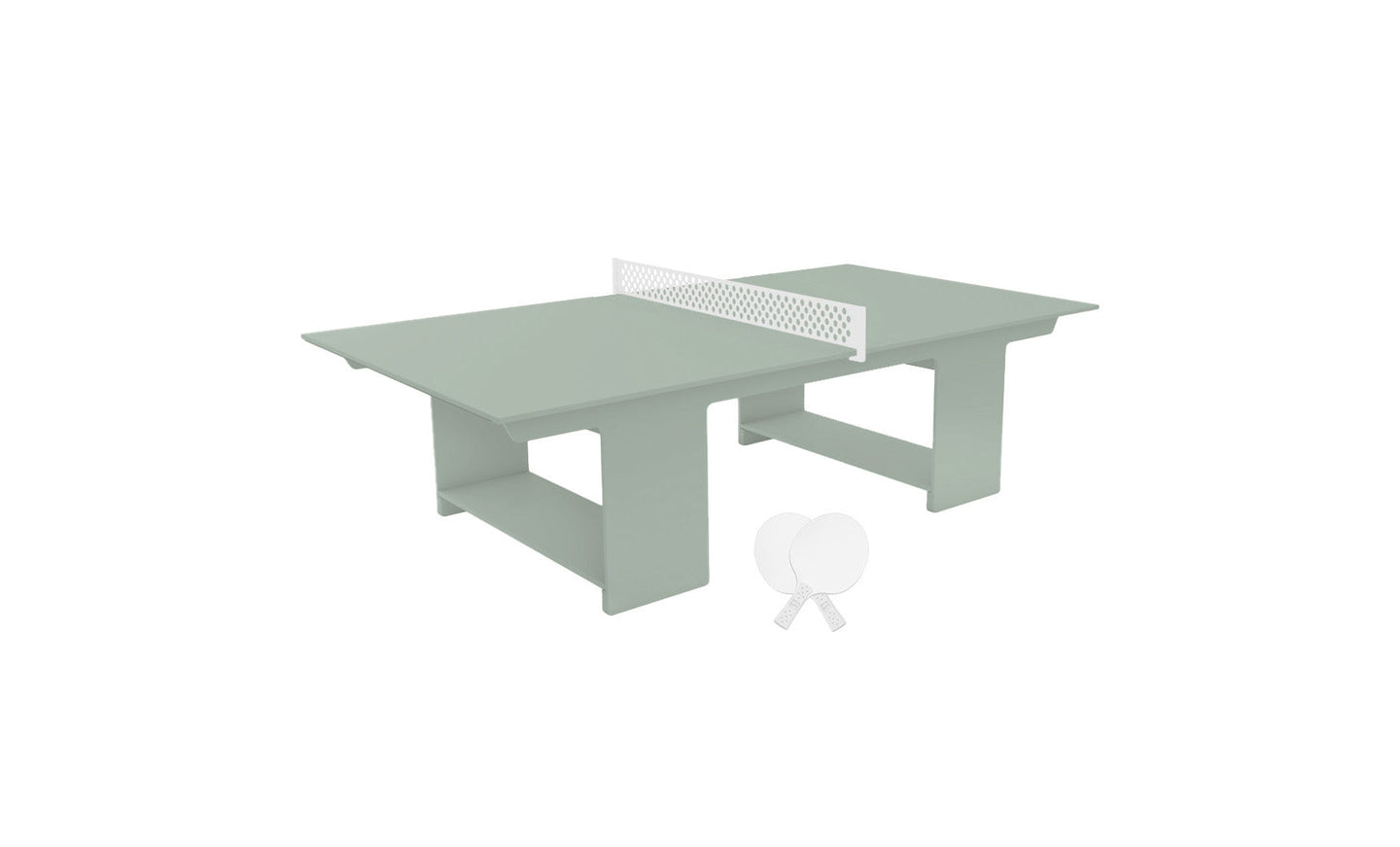 A minimalist table tennis setup features a Ledge Lounger Table Tennis Set with a light green cover, white net, and two crossed white paddles. Ideal for outdoor fun, the scene stands against a plain white background.