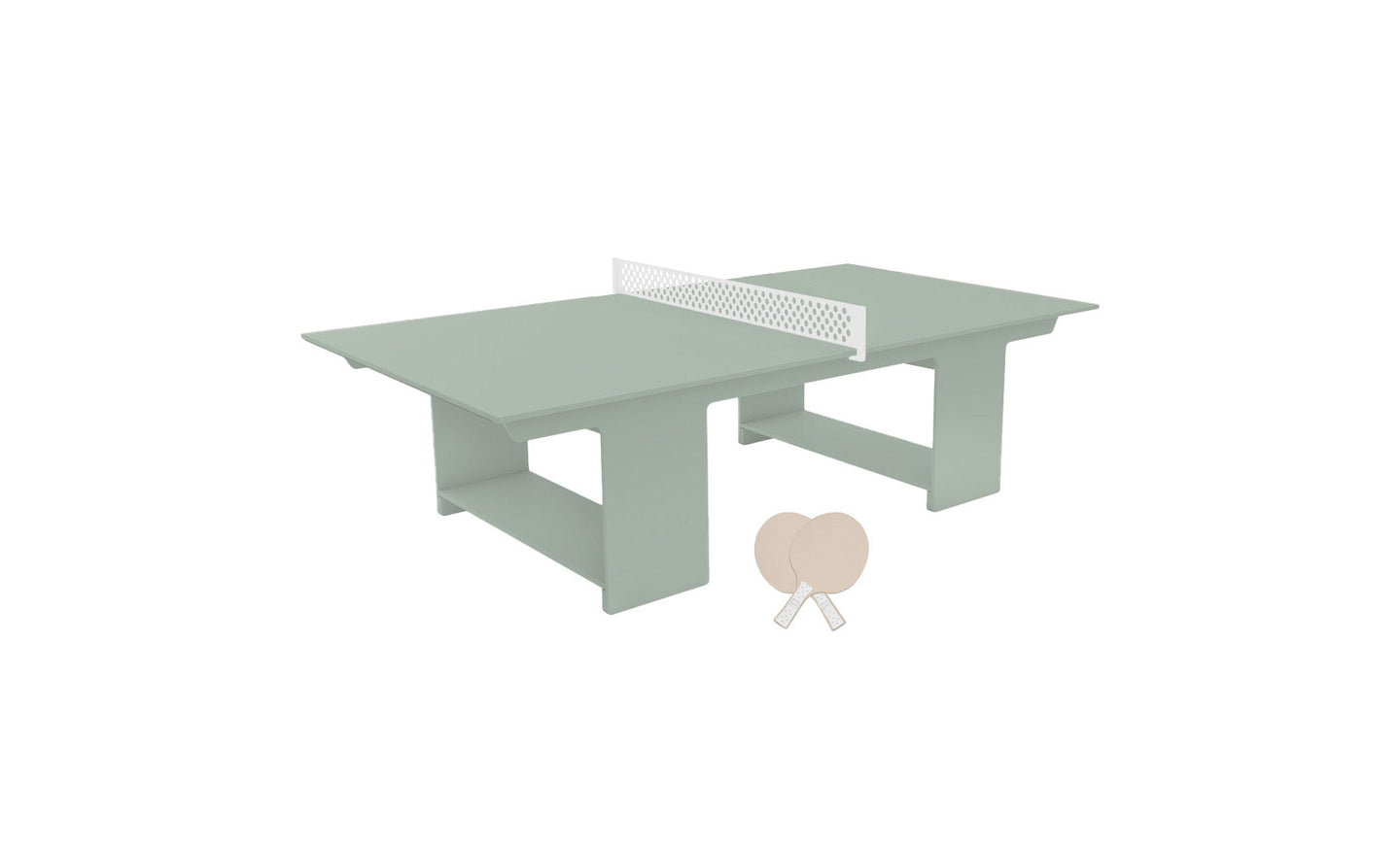The Ledge Lounger Table Tennis Set, featuring a minimalist sage green table and white net, offers outdoor entertainment with style. It includes two light-colored paddles that complement the modern design, blending seamlessly with functionality.