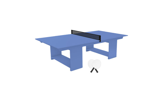The Ledge Loungers blue Table Tennis Set is an outdoor entertainment delight, featuring a net and two white paddles on the floor, perfect for weekend fun.