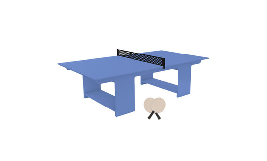 The Ledge Lounger Table Tennis Set features a sleek blue table with a black net, ideal for outdoor fun. Two beige paddles with black handles complement the minimalist design and sturdy rectangular legs.
