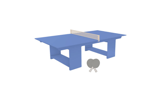 The Ledge Lounger Table Tennis Set features a blue table with a net and two gray paddles on a white background, perfect for lively outdoor entertainment.