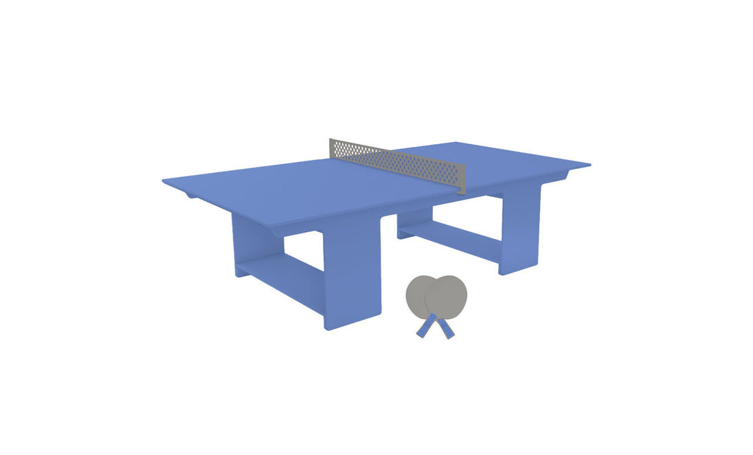 The Ledge Lounger Table Tennis Set includes a blue rectangular table with a white net in the center. Nearby, two gray paddles lie crossed, ideal for outdoor entertainment.