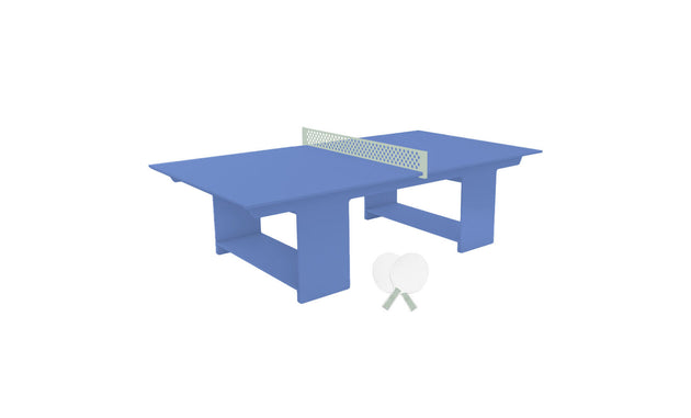 The Ledge Lounger Table Tennis Set features a blue table, white net, and two white paddles on a crisp white background, perfect for ping pong enthusiasts seeking endless outdoor entertainment.