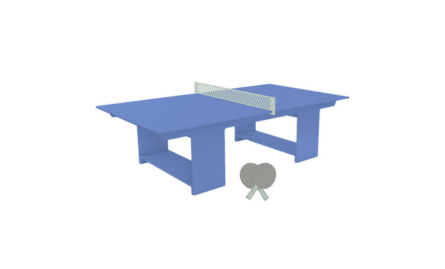 Image of a blue Table Tennis Set by Ledge Lounger, featuring a table with a net and two grey paddles resting against its side, ideal for outdoor entertainment.