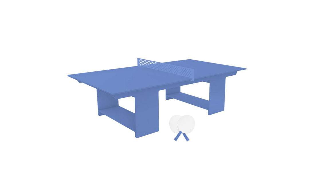 The Ledge Lounger Table Tennis Set includes a blue table with a mini net, two blue paddles, and two white balls, featuring wide legs for a sleek and modern outdoor entertainment setup.