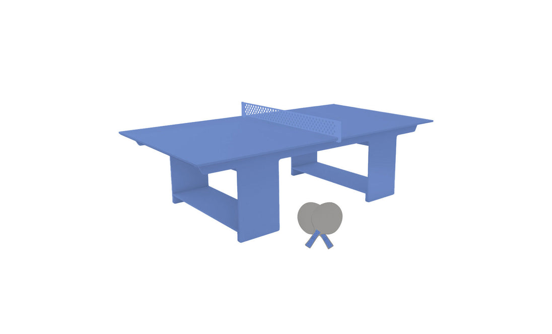 The Ledge Lounger Table Tennis Set features a blue table with a net, perfect for outdoor entertainment, along with two paddles and a ball ready on the floor.