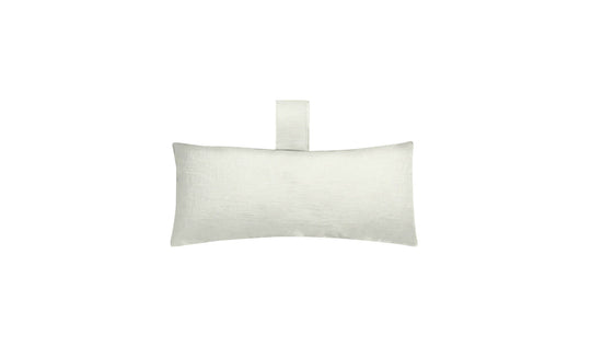 The Autograph Headrest Pillow by Ledge Lounger is a simple white rectangular pillow with a smooth texture and a short vertical tab at the top center, set against a plain white background. Final Sale item.