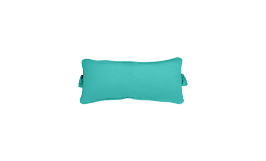 The Signature Headrest Pillow by Ledge Lounger, seen against a white background, boasts a rectangular turquoise design. Its smooth texture and subtle piping enhance its plumpness and support, making it ideal for in-pool relaxation.