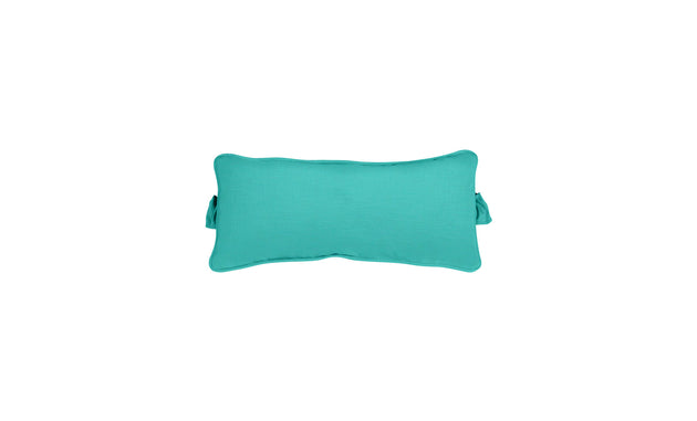 The Signature Headrest Pillow by Ledge Lounger, seen against a white background, boasts a rectangular turquoise design. Its smooth texture and subtle piping enhance its plumpness and support, making it ideal for in-pool relaxation.