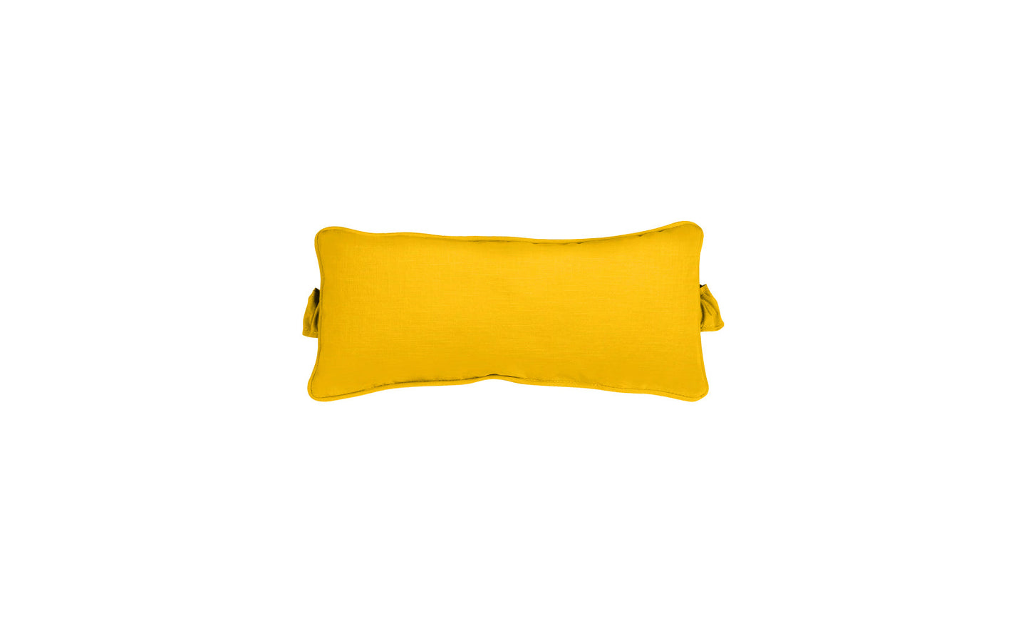 The Signature Headrest Pillow by Ledge Lounger is a rectangular yellow pillow with short tassels on each corner, ideal as a headrest. Set against a plain white background, it offers customizable options for an elevated in-pool lounging experience.