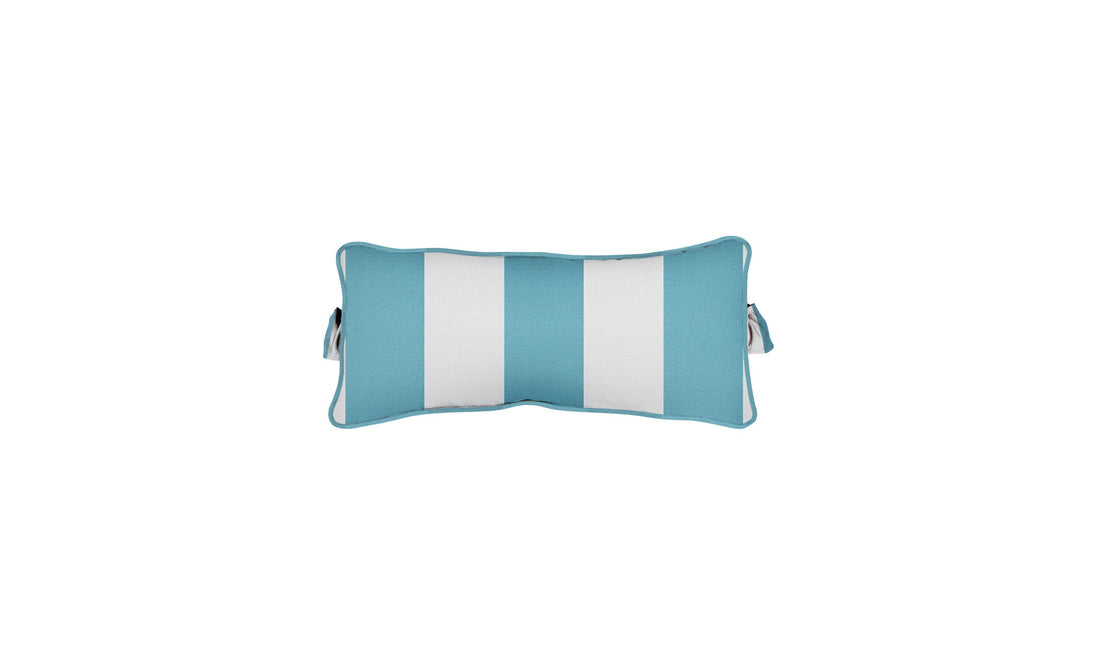 The Signature Headrest Pillow by Ledge Lounger is a rectangular cushion with alternating light blue and white stripes, blue piping, and two short side straps for secure handling. Its ideal for relaxing in the pool.