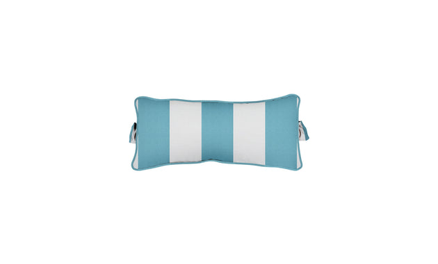 The Signature Headrest Pillow by Ledge Lounger is a rectangular cushion with alternating light blue and white stripes, blue piping, and two short side straps for secure handling. Its ideal for relaxing in the pool.
