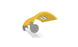 The Signature Chaise Shade by Ledge Lounger is a yellow and gray desk lamp featuring a curved design, flat lamp head with a lighting panel, and branded circular base. Its white arm adds elegance to any workspace, ideal for distinctive style and media viewing.