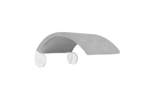 The Ledge Lounger Signature Chair Shade, with its gray swirled fabric arch and dual round white bases, boasts a sleek, minimalist design that pairs perfectly with the Signature Chair lounger for ultimate relaxation.