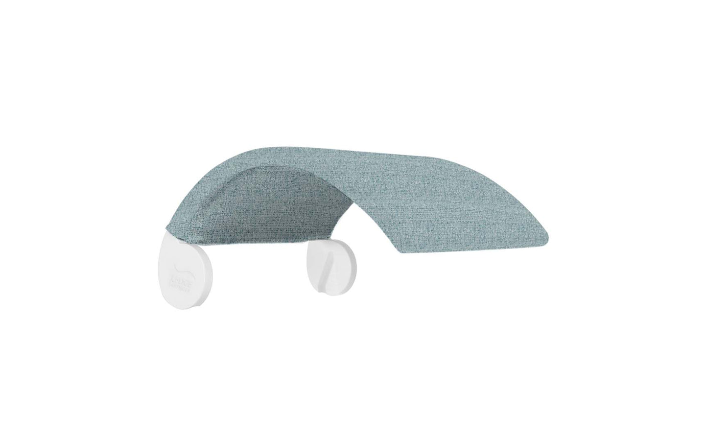The Signature Chair Shade by Ledge Lounger is a light teal fabric canopy for loungers. It attaches with two rounded clips to a white plastic base, forming an arch for a modern, minimalist look perfect for in-pool tanning ledges.
