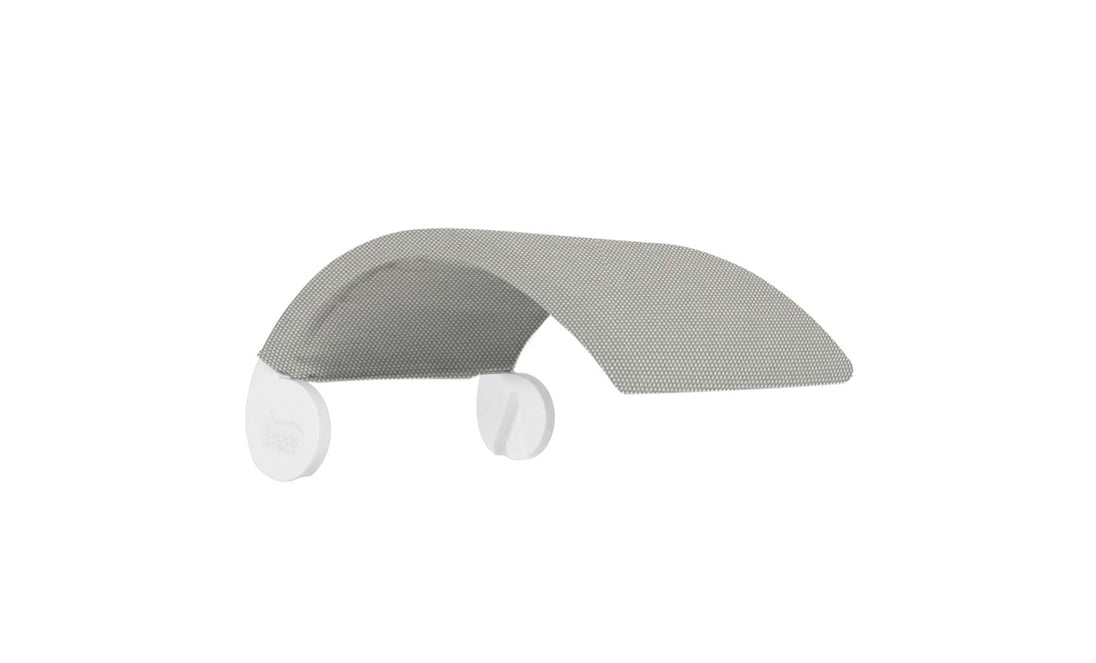 The product image features the Signature Chair Shade by Ledge Lounger, showcasing a breathable mesh arched structure with two flat disc-like supports. This design securely attaches to the ends, offering functionality ideal for filtering or covering areas such as in-pool tanning ledges.