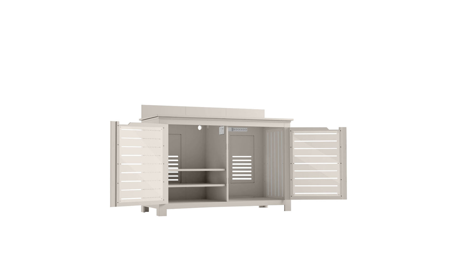 The Ledge Lounger Mainstay Bar Credenza is a light gray outdoor storage cabinet featuring a minimalist design. It offers ample storage with slatted double doors and interior shelves, making it perfect for organized outdoor entertaining.