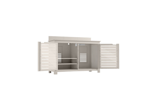 The Ledge Lounger Mainstay Bar Credenza is a light gray outdoor storage cabinet featuring a minimalist design. It offers ample storage with slatted double doors and interior shelves, making it perfect for organized outdoor entertaining.
