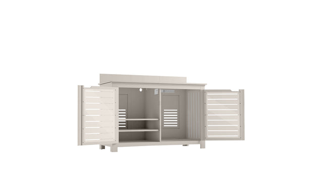 The Ledge Lounger Mainstay Bar Credenza is a light gray outdoor storage cabinet featuring a minimalist design. It offers ample storage with slatted double doors and interior shelves, making it perfect for organized outdoor entertaining.