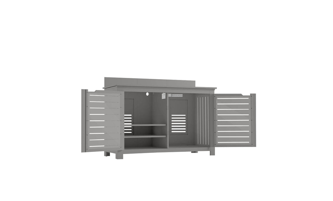 The Ledge Lounger outdoor storage cabinet, perfect for entertainment, offers ample space with two left shelves and a right open compartment. Its slatted design provides ventilation, and the rectangular top mirrors the Mainstay Bar Credenza.