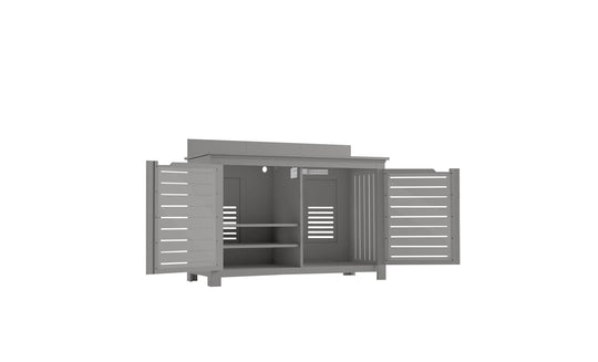 The Ledge Lounger outdoor storage cabinet, perfect for entertainment, offers ample space with two left shelves and a right open compartment. Its slatted design provides ventilation, and the rectangular top mirrors the Mainstay Bar Credenza.
