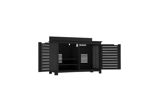 The Mainstay Bar Credenza by Ledge Lounger is a black wooden cabinet with two open doors, offering generous storage on interior shelves. The horizontal slats provide a modern design perfect for outdoor entertainment, elevated on small legs with a central backboard visible when opened.