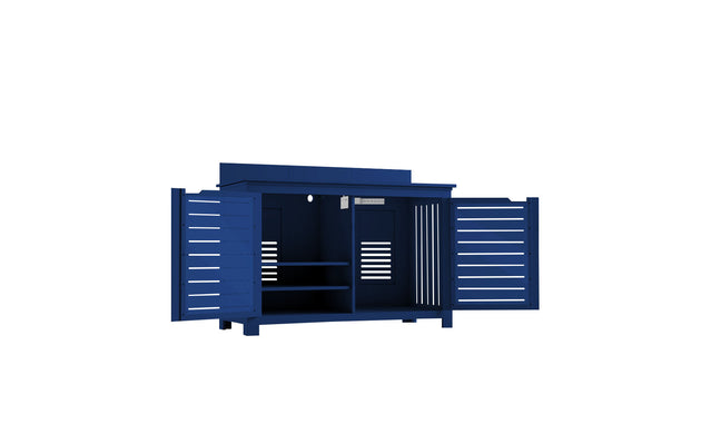 The Ledge Lounger Mainstay Bar Credenza features ample storage with a blue wooden design and horizontal slats, two doors with a shelf inside, an extended top surface, and four short legs—perfect for enhancing your outdoor entertainment space.