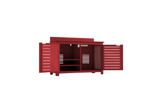 The Mainstay Bar Credenza by Ledge Lounger offers ample storage with open slatted doors and a small shelf. Its simple modern red wooden design features an elevated base and flat top, perfect for enhancing both outdoor entertaining and indoor décor.