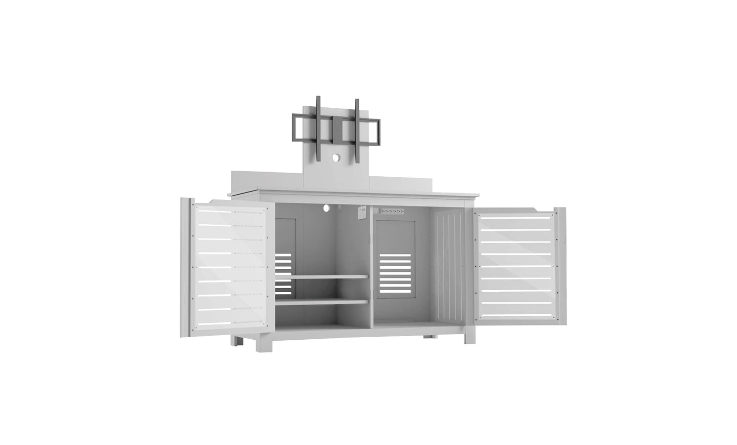 A digital rendering of an open, modern freestanding Ledge Lounger Mainstay Bar Credenza with dual doors. It offers spacious storage with multiple shelves and compartments, showcasing a sleek, minimalist design on a plain white background.