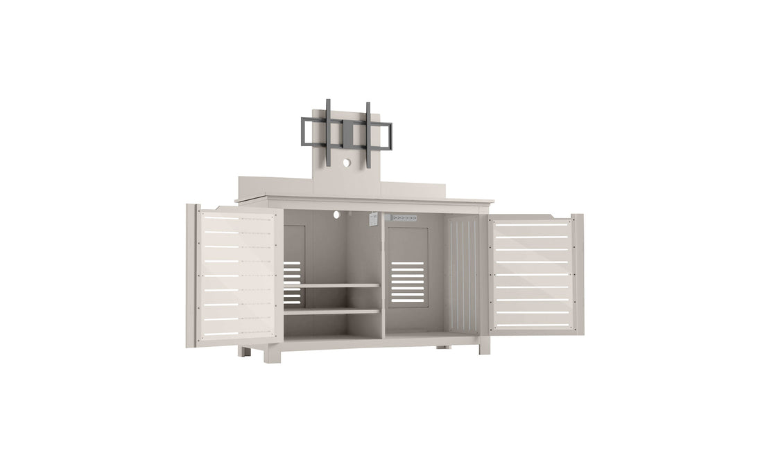 The Mainstay Bar Credenza by Ledge Lounger is perfect for outdoor entertainment. It has open double doors, ample storage, a modern design with two central shelves, a top panel with three hooks, stylish slatted door accents, and ventilation spaces for functionality.