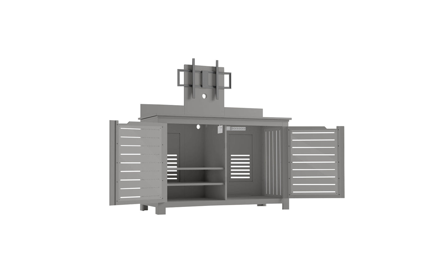 The Gray outdoor storage cabinet by Ledge Lounger, similar to the Mainstay Bar Credenza, has two open slatted doors and spacious interiors. Shelves and a small top compartment with decorative touches make it ideal for storing garden tools or boosting your outdoor entertainment area.