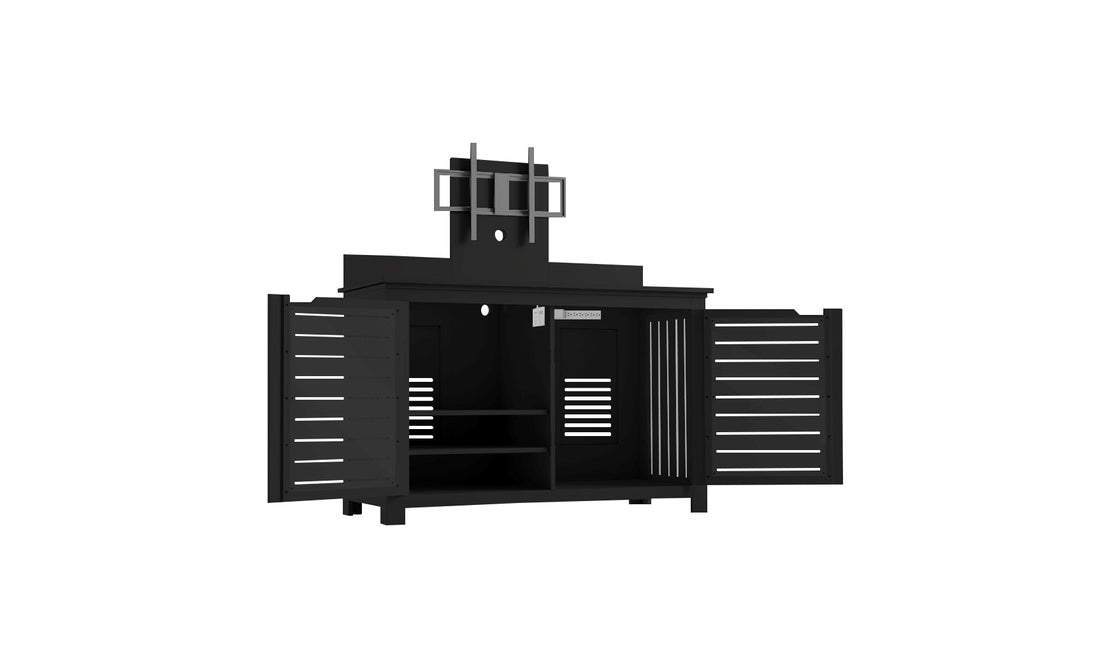 The Ledge Loungers Mainstay Bar Credenza boasts black open slatted doors and a top mounting bracket, offering ample storage with internal shelving and ventilation cutouts, ideal for outdoor entertaining or media setups.