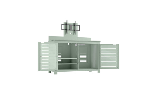 The Mainstay Bar Credenza by Ledge Lounger is a light green outdoor storage cabinet with open doors, slatted panels, a middle shelf, and a closed upper compartment. Its simple, functional design makes it ideal for organizing items in outdoor entertainment areas.