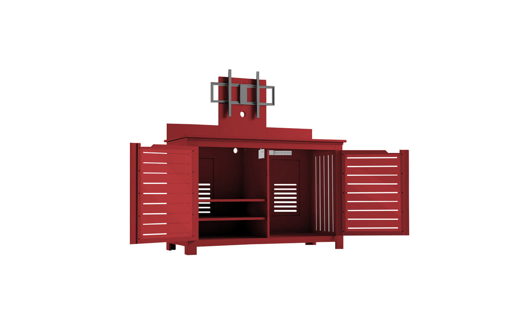 The Mainstay Bar Credenza by Ledge Lounger is a red wooden cabinet with double slatted doors that open to ample storage. It features a decorative top panel with a rectangular cutout, ideal as an outdoor entertainment centerpiece.