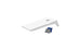 The Ledge Lounger Cornhole set includes a white board with a top hole and two bean bags in blue and gray, elegantly angled against a plain white backdrop, ready for play anywhere.