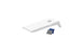 The Ledge Lounger Cornhole set includes a white board with a top hole and two bean bags in blue and gray, elegantly angled against a plain white backdrop, ready for play anywhere.