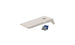 A Ledge Lounger Cornhole board with a beige rectangular surface and a round hole features two small blue and gray bags nearby, part of this fun bean bag toss set.